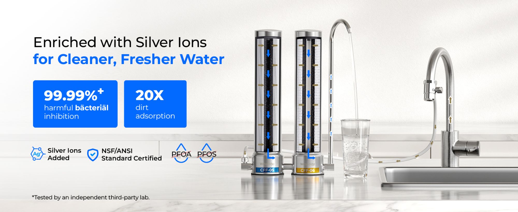 [Silber-Ionen] Waterdrop Dual-Stage Countertop Wasserfilter System, Silber-Ionen Verbesserte Filtration, Edelstahl, WD-CTF-09 (2 Filter)
