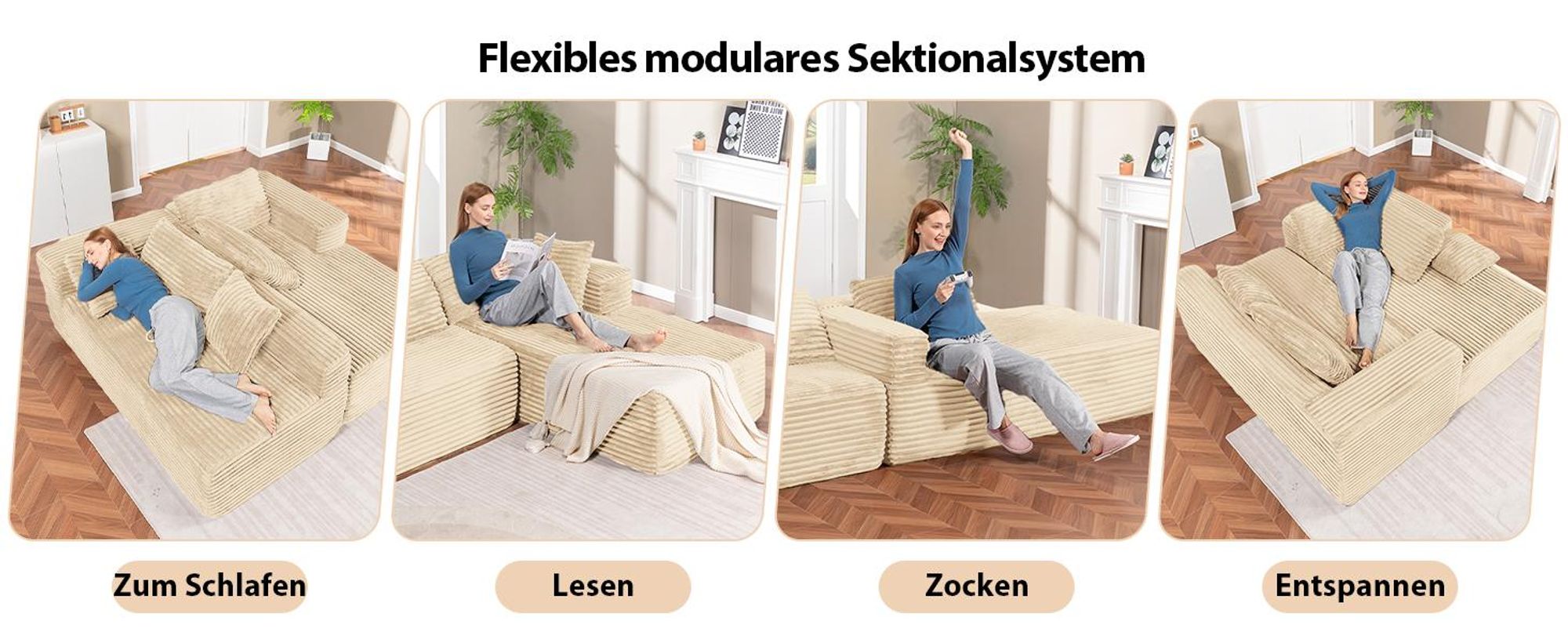 COMHOMASofa Big-Sofa, L-förmige Sofa, Couch Ecksofa, Chaiselongue Schlafsofa mit tiefer Sitzfläche und breiten Armlehnen, Cordstoff, Beige-L