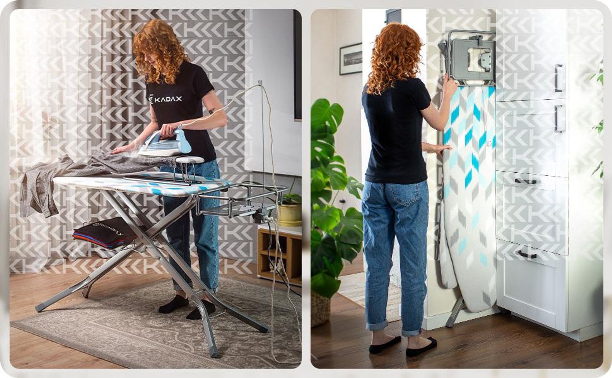 KADAX Bügelbrett mit Steckdose "Aleglo", Bügeleisenablage und Ärmelbügeltisch, 130cm, Blau