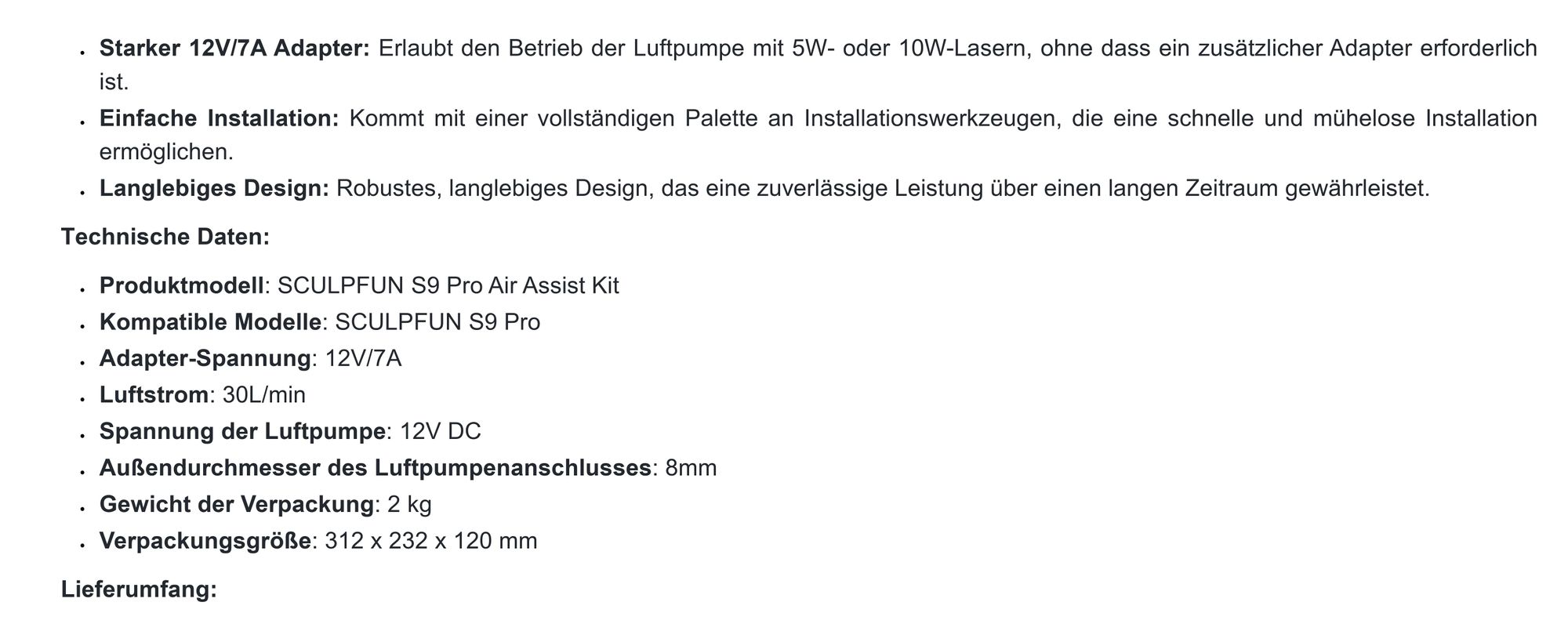 SCULP FUN S9 PRO Zubehör-Air Assist Kit: 12V, Automatic, 30L/Min, Einfach zu installieren