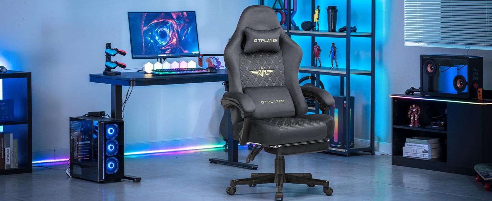 GTPLAYER Krzesło do gier Krzesło do gier z tkaniny Ergonomiczne krzesło biurowe Krzesło PC, regulowane i obrotowe krzesło biurkowe z podnóżkiem, szare