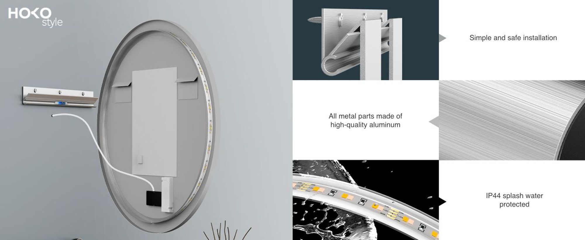 Specchio da bagno HOKO antiappannamento rotondo 60 cm con cornice + cambio luce bianco caldo-bianco freddo-neutro 2700-6500 K. La luce può essere accesa con interruttore a sfioramento/parete. Salerno
