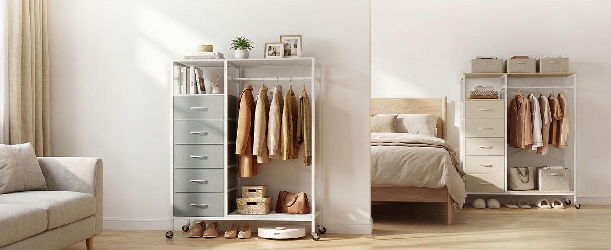 HOKEEPER fahrbarer Kleiderständer mit Schubladen, Haken, Beige, Offener Kleiderschrank, Kleiderstange
