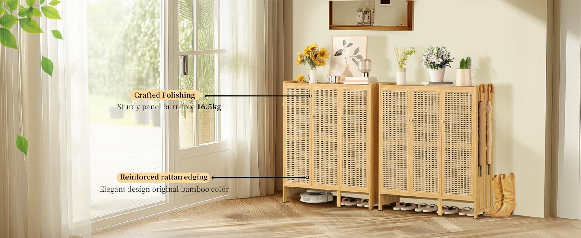 WISFOR Schuhschrank mit 3 Türen, Schuhregal 6 Ebenen, Schuhkommode für max 20 Paare, Schuhaufbewahrung aus Bambus, 90,5 x 35 x 107 cm