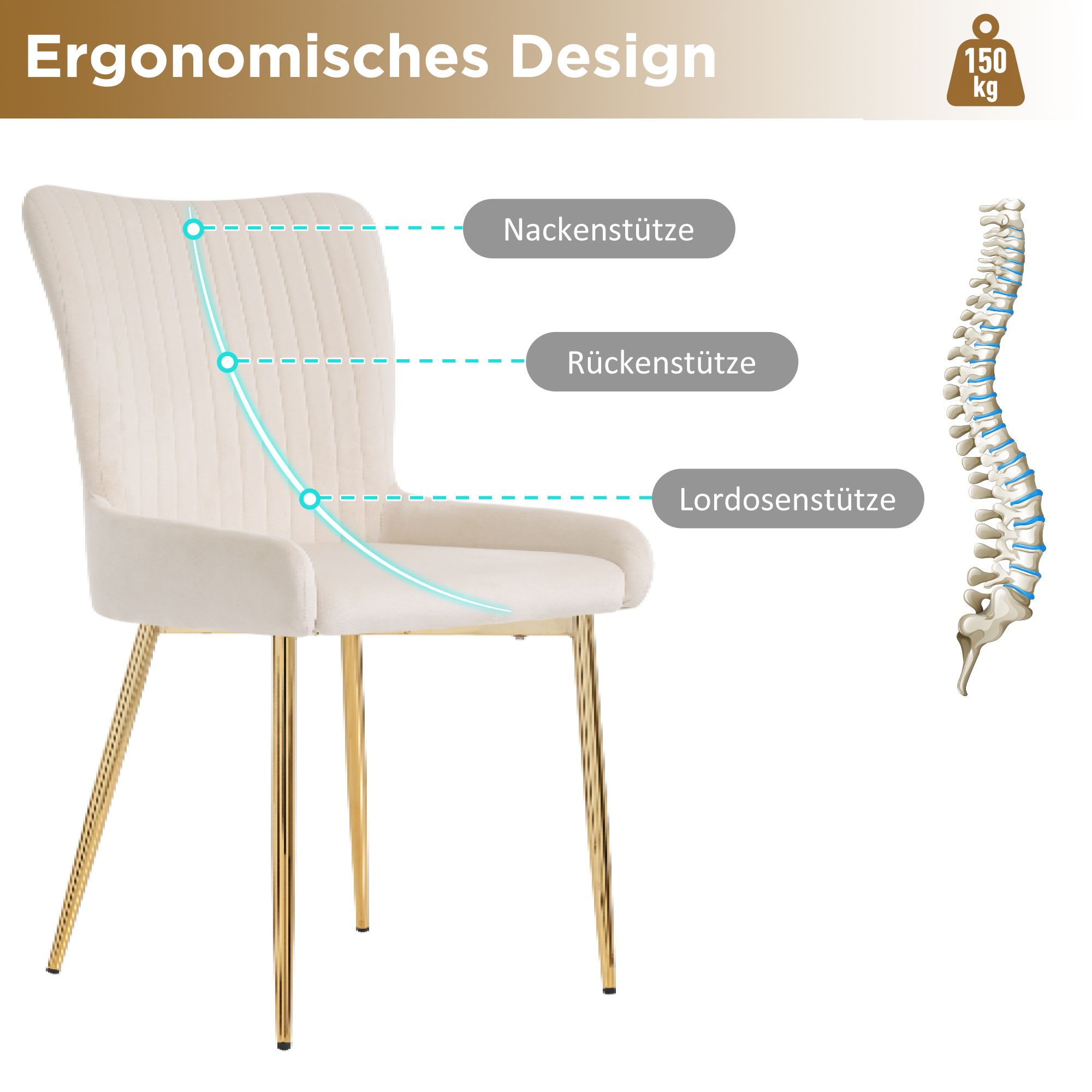 Flieks Esszimmerstühle 4er Sets, Küchenstühle mit Golden Metallbeinen, Wohnzimmerstuhl Schminkstuhl Polsterstühle mit Samtbezug, Beige