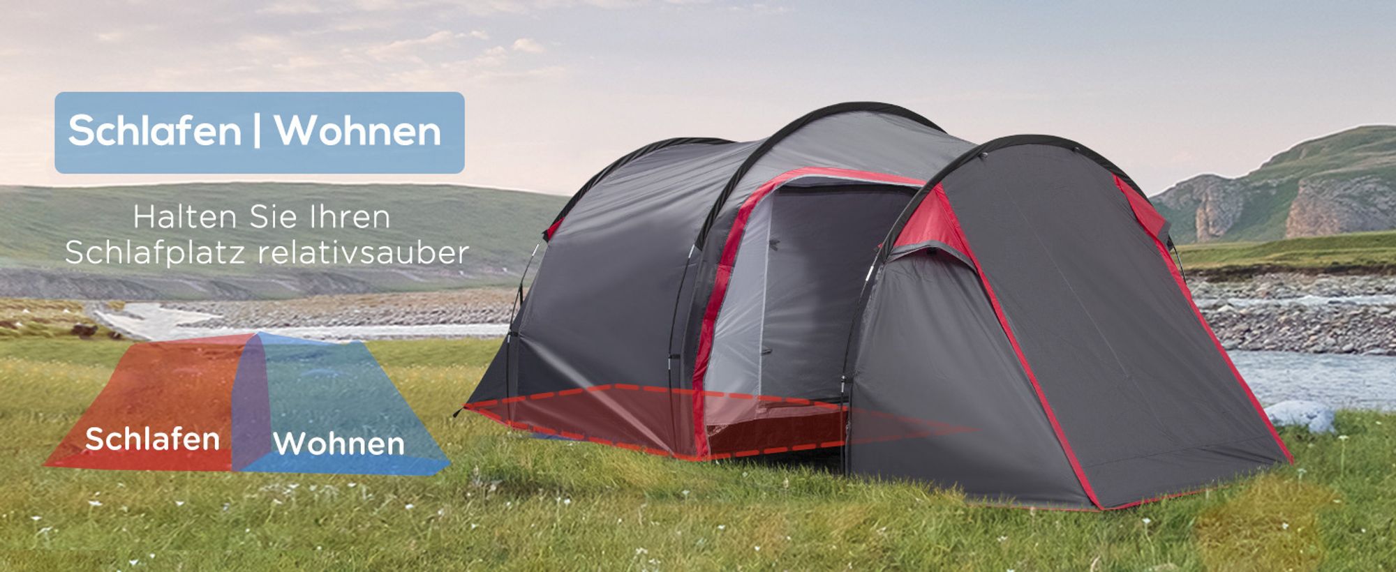 Outsunny Zelt für 2-3 Personen 190T Tunnelzelt Campingzelt mit Heringen Glasfaser Polyester Grau 426 x 206 x 154 cm