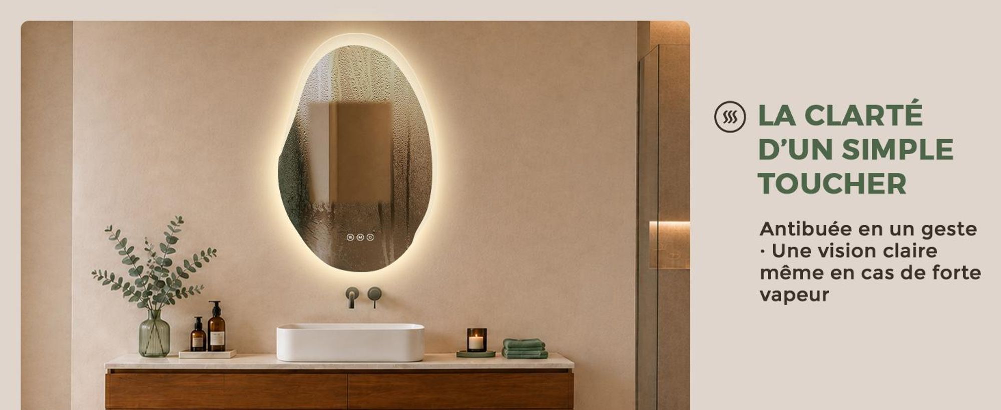 S'AFIELINA Miroir Salle de Bain LED 48 × 72 cm, Asymétrique, Sans Cadre,3 couleurs d’éclairage, luminosité réglable, anti-buée et mémoire
