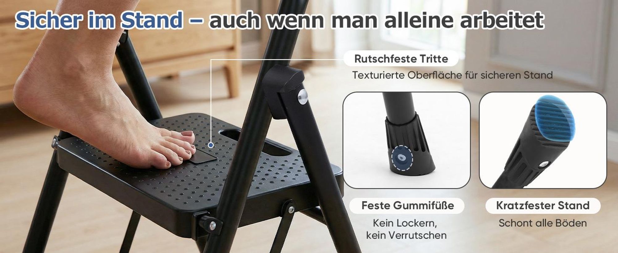 Sekey Trittleiter 2 Stufen Klappbar – Rutschsichere 36 cm XXL Trittstufen, bis 150 kg