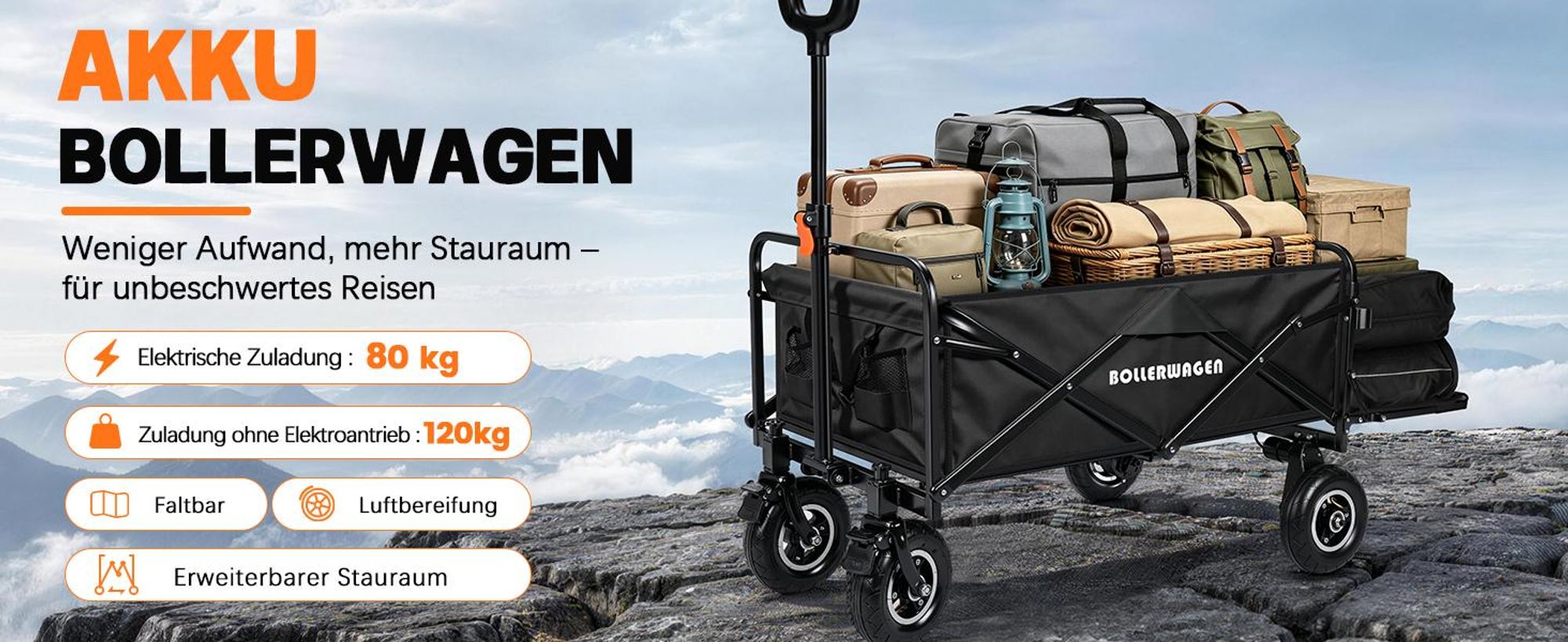 Elektrokarre mit Luftrad Faltbar Handwagen mit 2×2,0AH für Makita Akku, 240L/120KG/116×58×55cm/Griff 68-100cm Campingwagen Gartenwagen Strandwagen