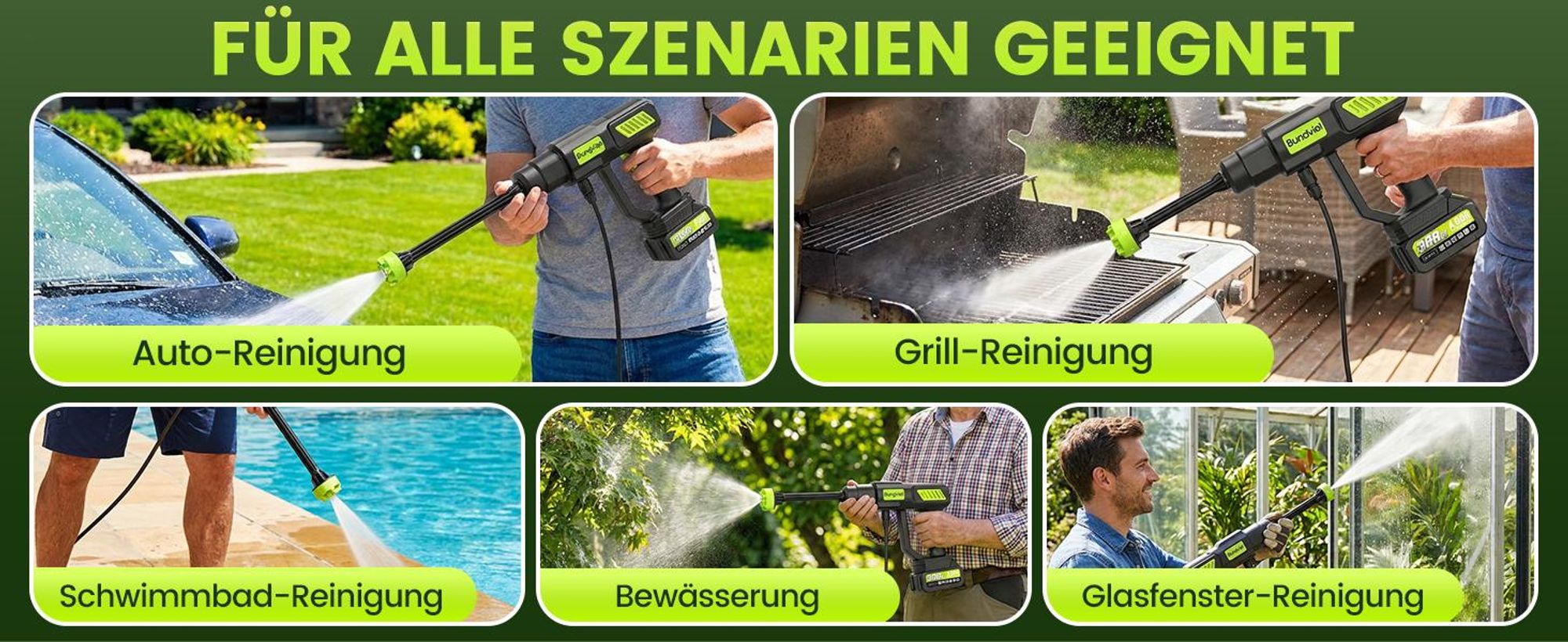 Akku Hochdruckreiniger 100 Bar, Druckreiniger Akku Wasserauslass 5L/min, 2 x 4000mAh Akkus, 6-in-1 Düse, 5M Schlauch für Garten,  Auto, Bewässerung