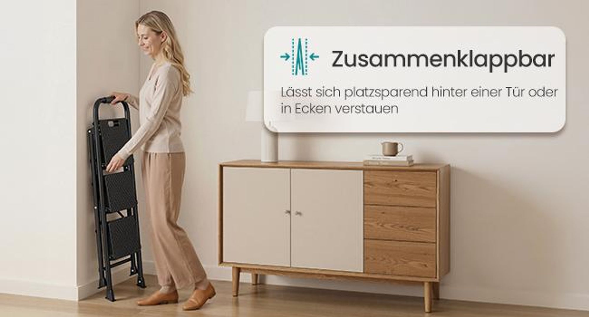 SONGMICS Trittleiter 3 Stufen Klappbar, Stahl Küchentritt bis 150 kg, Rutschfest, 114 x 45,5 x 7,5 cm, Schwarz