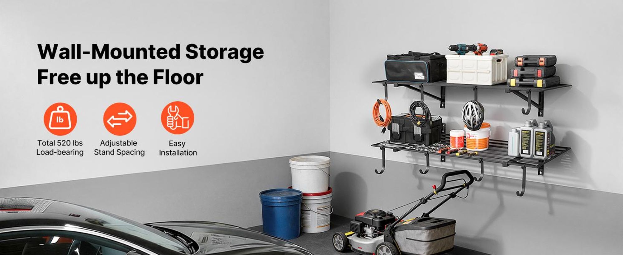 VEVOR 2-stufige Schwerlast-Wandgarage-Regale, 61 x 122 cm Stahl Wandmontierte Regaleinheit mit Haken, 610 x 1219 mm pro Regal Schwimmendes Lagerregal aus Metall mit 235 kg Gesamttragfähigkeit, Schwarz, 24x48 Zoll