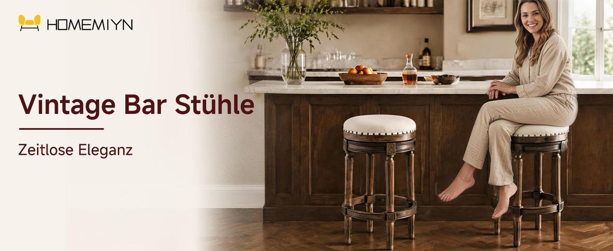 Barhocker Holz drehbar, gepolstert, Retro Design mit Nieten Barhocker Beige ohne Lehne, rutschfest, für Küche und Bar, 40x40x76cm, belastbar bis 260lb