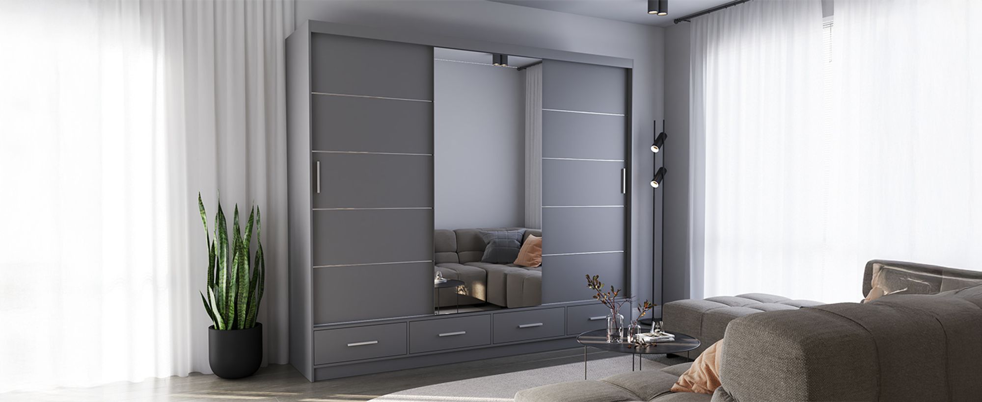 schwebetürenschrank kleiderschrank 250 cm grau/grau matt mit spiegel  florence