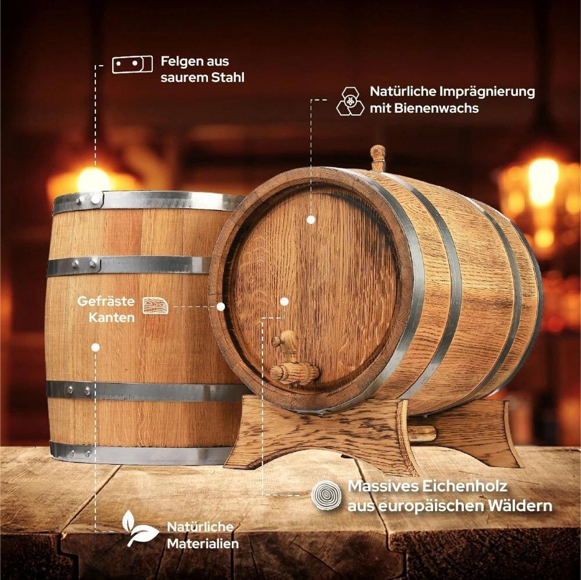 MB Eichenfass 40L aus Naturholz – Whiskyfass, Weinfass, Holz Fass Deko – Eiche Gebrannt, mit Ständer und Zapfhahn – Geschenk für Bar & Zuhause