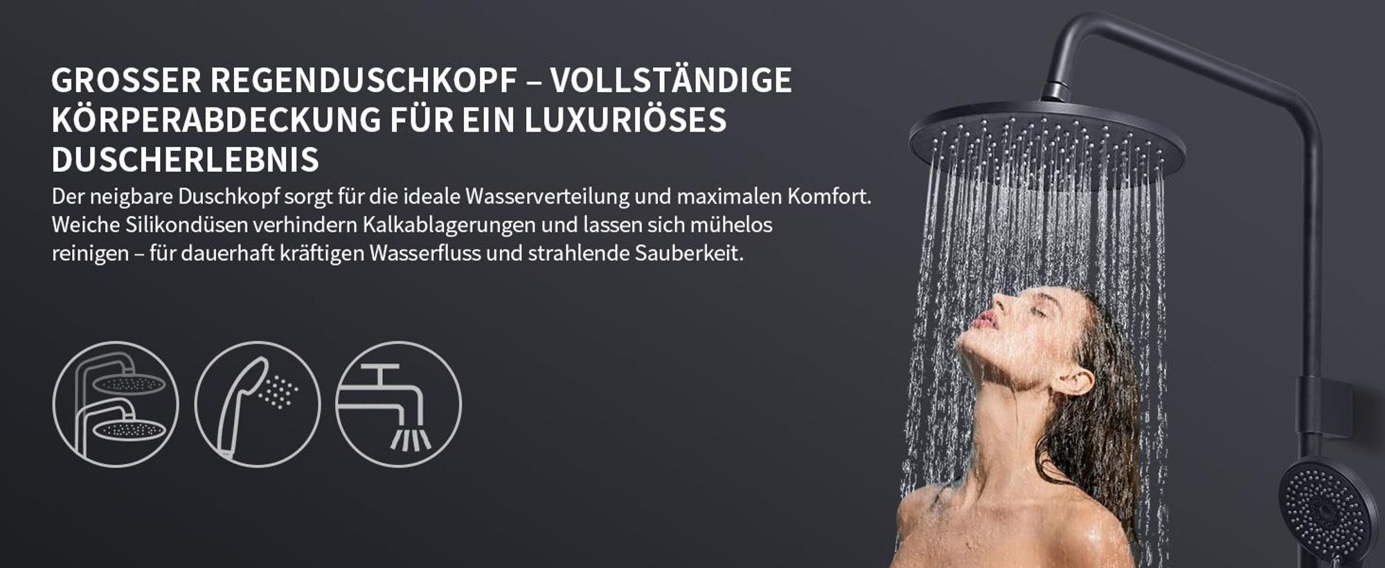 Homelody Duschsystem,Regendusche Duschset mit Armatur,Überkopfbrause Handbrause Duschsäule mit Umsteller,Edelstahl,Vier Wassersprühfunktionen Schwarz