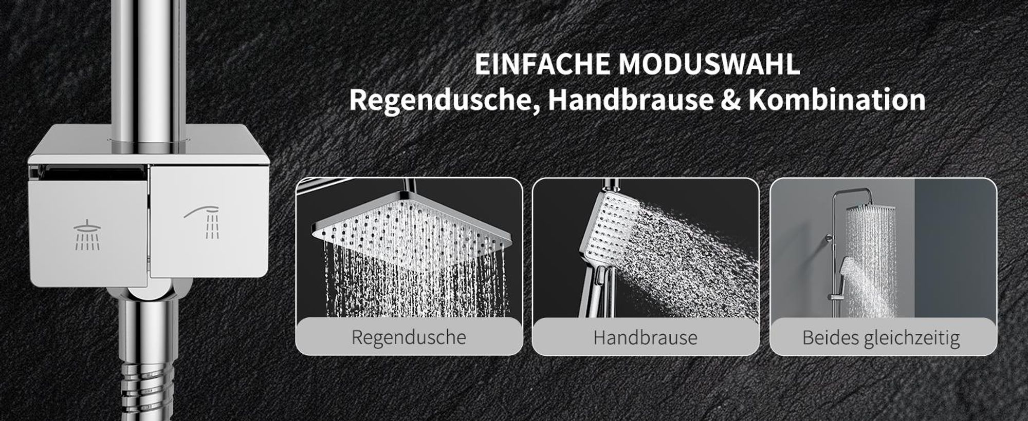 Homelody Duschsystem ohne Armatur, Duschset Duschsäule mit 28*18cm eckige kopfbrause & Handbrause mit Wasserstopp-Taste, 3 Strahlarten, Chrom