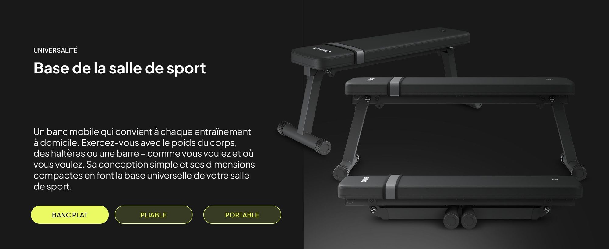 Banc de musculation Zipro Flat Plank – Banc de fitness pliable pour la maison Ultra-compact avec poignée de transport Supporte jusqu'à 230 kg Banc d'entraînement pour haltères et hanches