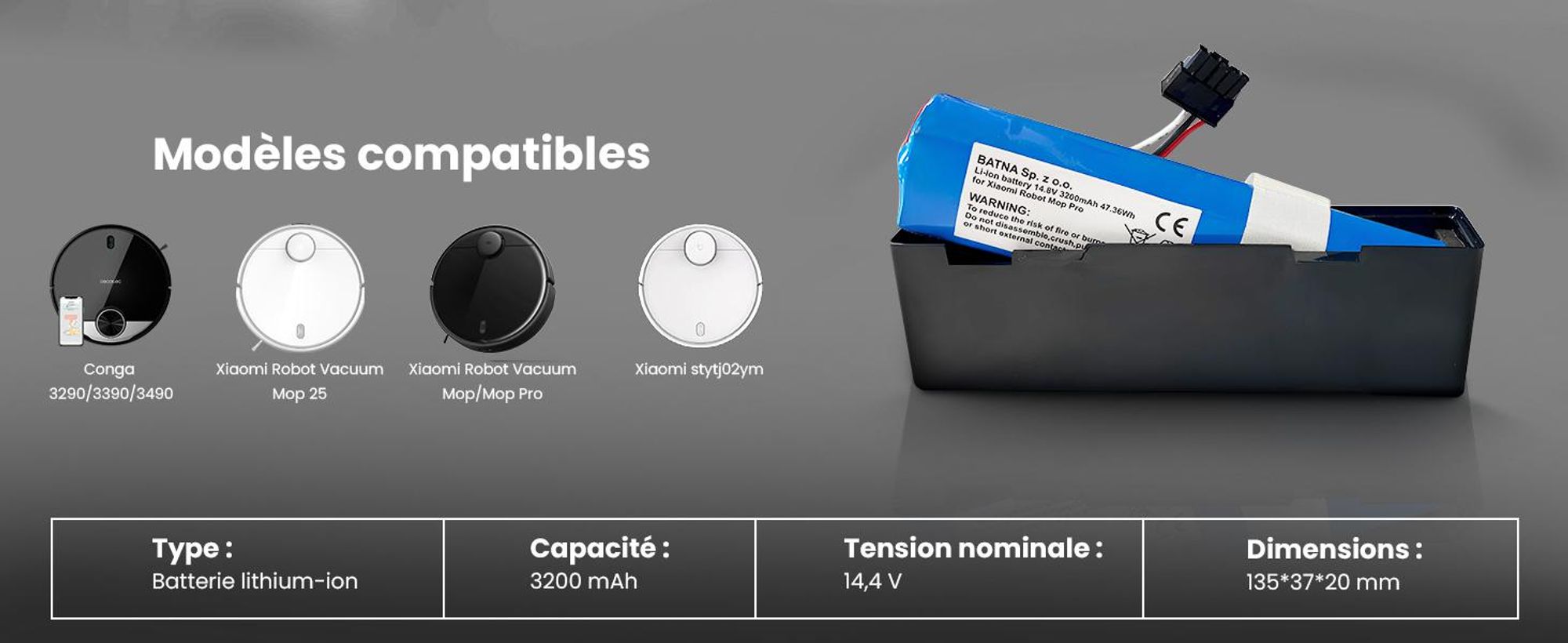 Extralink Batterie de remplacement pour Xiaomi Robot Mop Pro STYTJ02YM 14,8 V 3200 mAh 47,36 Wh