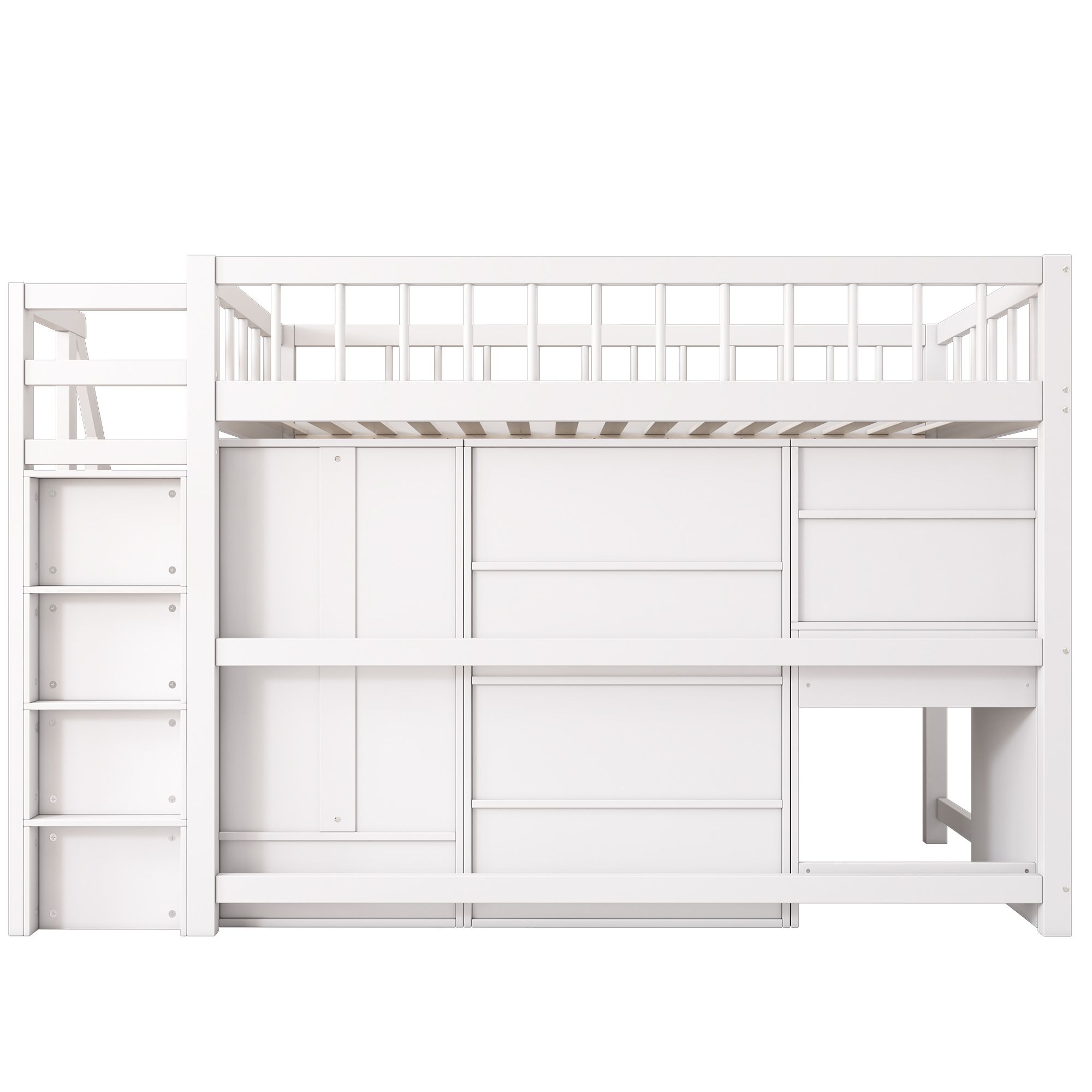 Flieks Etagenbett 90x200cm mit Rausfallschutz, Hochbett mit Treppe, Komplettes Schlafzimmerset, Kinderbett mit Kleiderschrank Schreibtisch Regal, Weiß