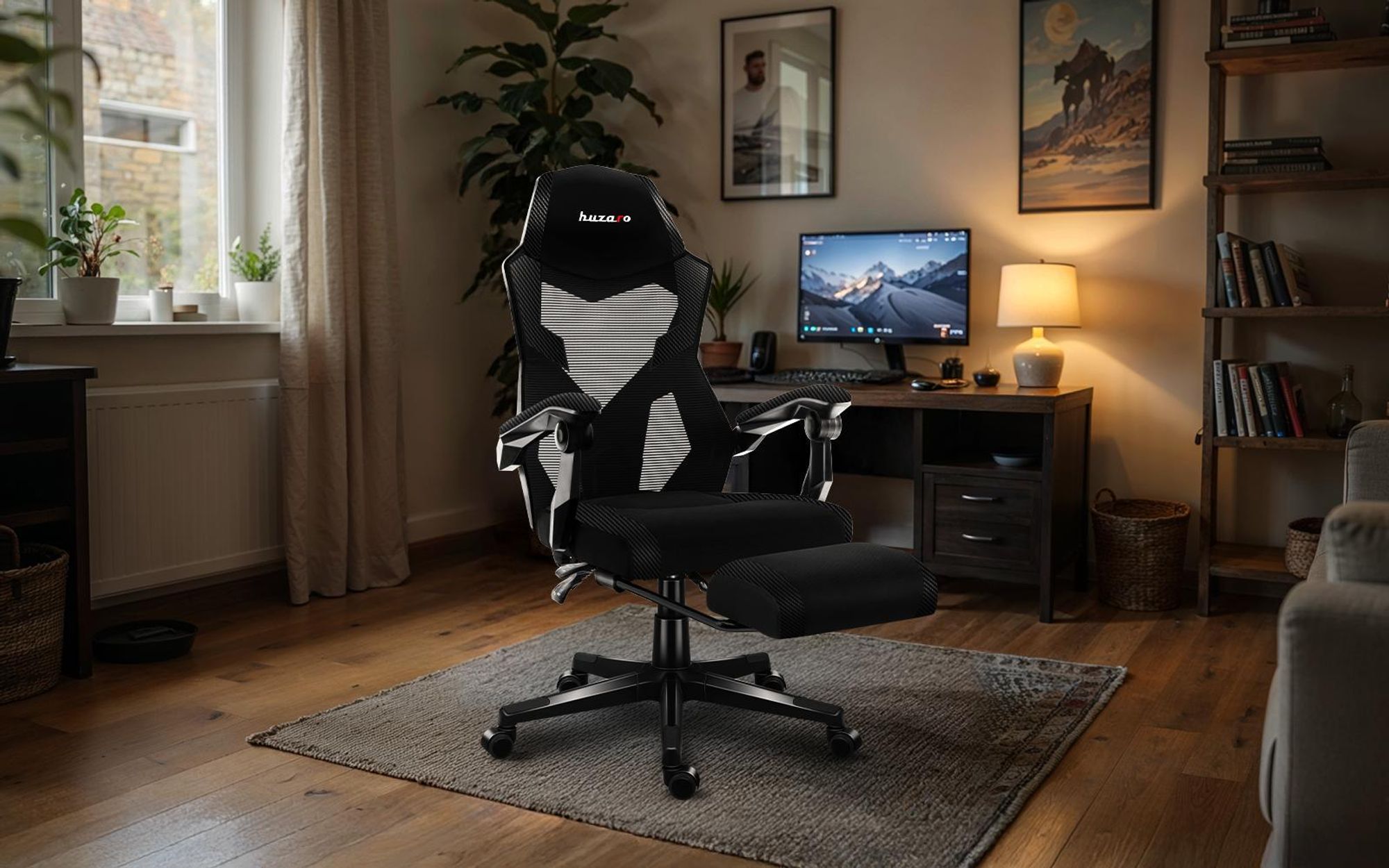 Huzaro Combat 3.1 Carbon – Gaming-Stuhl mit FlexiBack 135° Neigung, TitanPad Fußstütze, integrierter Kopfstütze, atmungsaktiven Materialien
