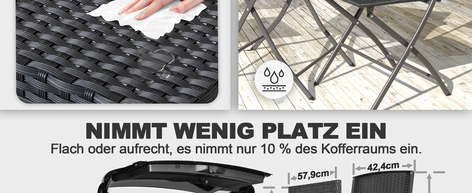 Avestar Bistroset für 2 Personen, klappbares Gartenmöbelset, wetterfestes PP-Rattan, Klapptisch mit 2 Klappstühlen, Schwarz