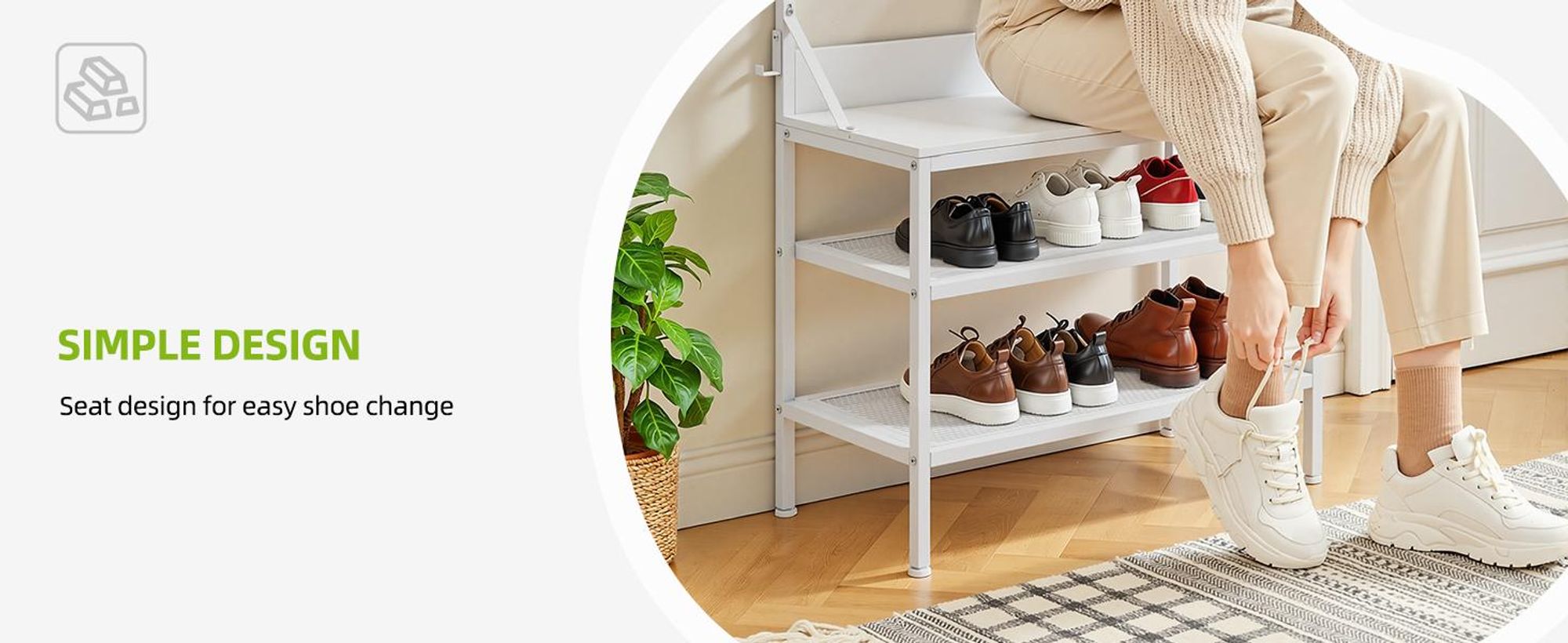 Garderobenständer mit Sitzbank, Kleiderständer mit Schuhbank, 9 Haken & Regalen, Metallrahmen, Weiß