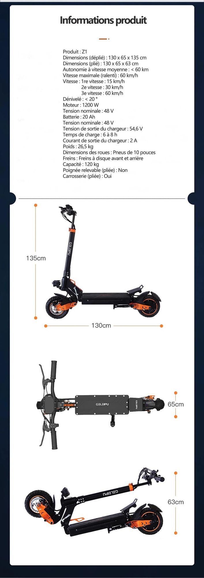 Trottinette Électrique GELEIPU Z1 - Batterie 48V20AH 10" Pouces Roue Freins à Disque - Noir