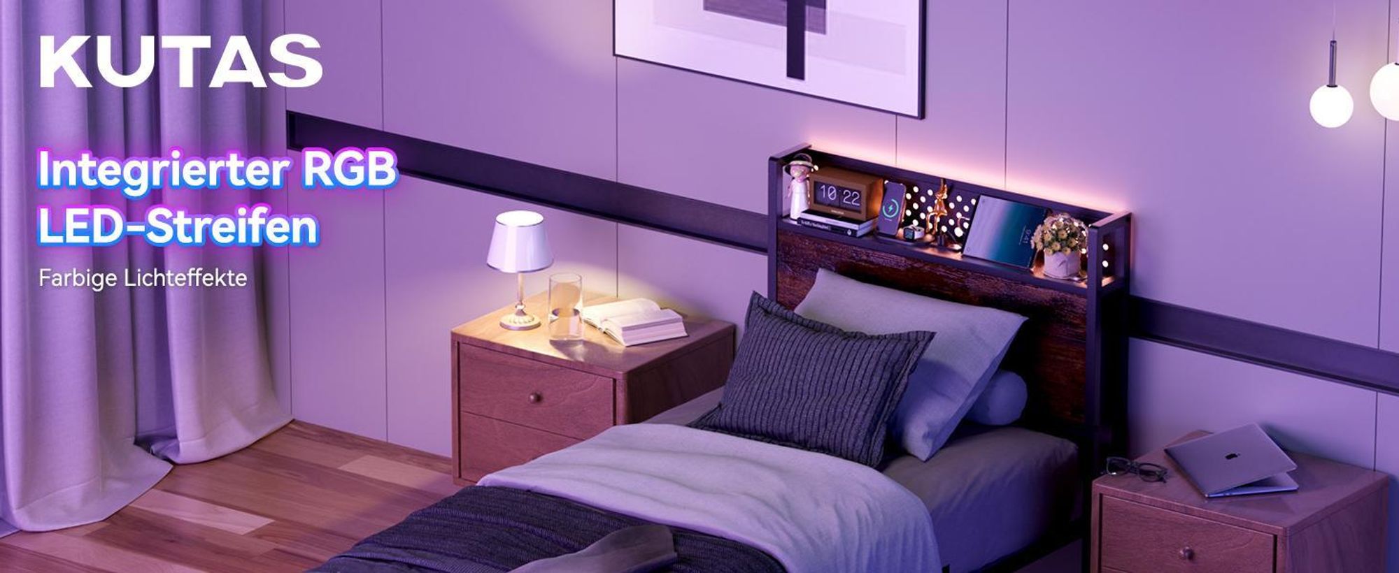 KUTAS Klassische Betten 140x190, LED-Bett Braun mit Type-C-Ladefunktion, 22 cm Stauraum, leises Bettgestell für Schlafzimmer
