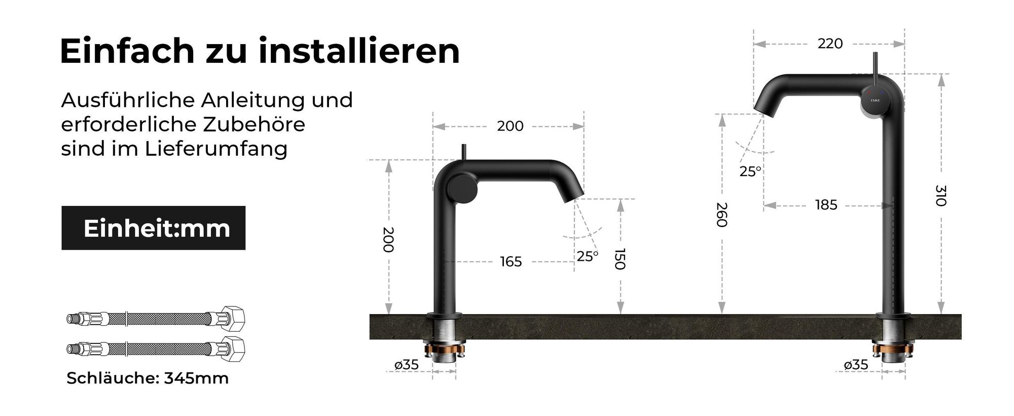 EMKE Einhebel-Waschtischarmatur, Badarmaturen 222x200x76mm  G3/9", Wassersparend, Korrosionsschutz, Bleifreies Messing, Mattes Schwarz