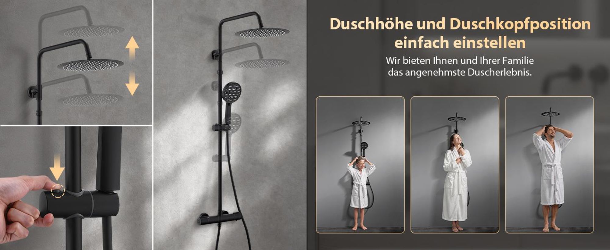 Homelody Duschsystem Thermostat Duschset Schwarz 12" Regendusche 6 Funktionen Handbrause SUS304 Edelstahl Kopfbrause, 38°C Verbrühschutz