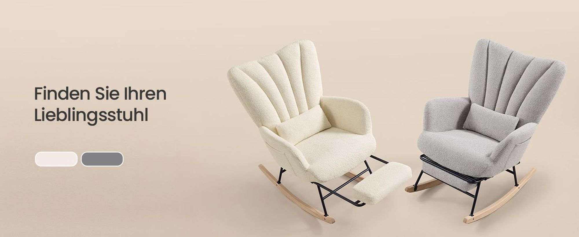 SONGMICS Schaukelstuhl mit ausziehbarer Fußstütze, Schaukelsessel, Holzbeine, Kissen, für Wohnzimmer, Fleece, creme