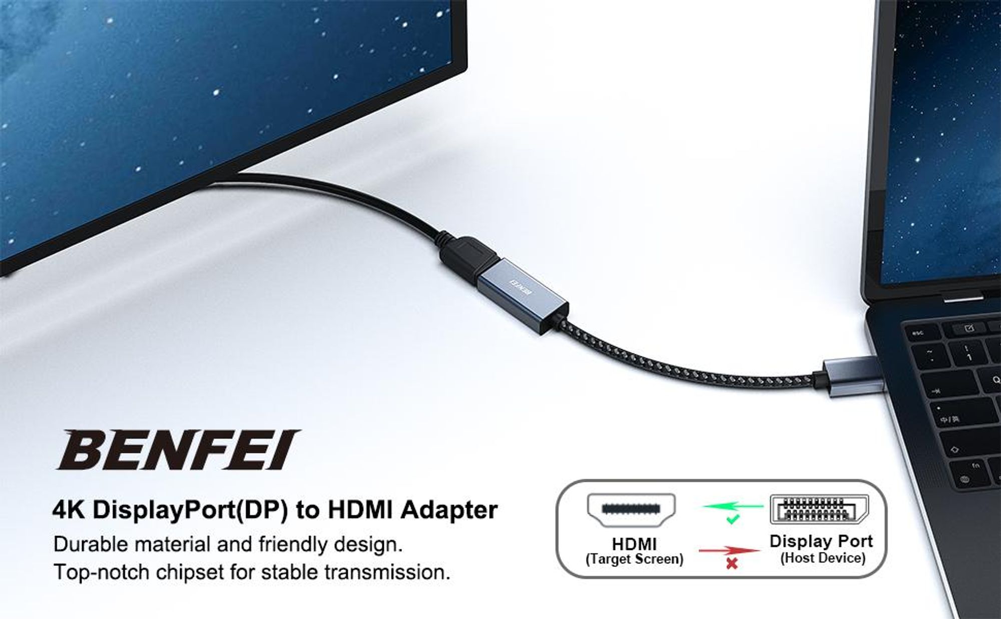 BENFEI Kabeladapter DisplayPort auf HDMI Adapter Kabel 4K 60Hz