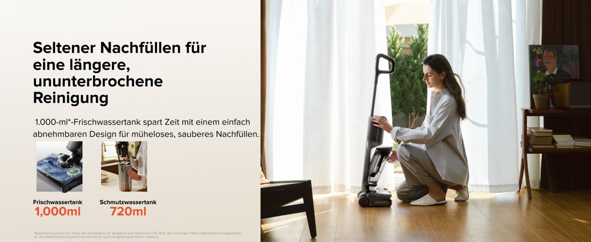 Roborock F25 ACE Pro Nass Trockensauger, 25000Pa, JetFoaming gegen Flecken, Anti-Haar-Verwicklung, 180° Flach-Design, Heißwasser-Selbstreinigung