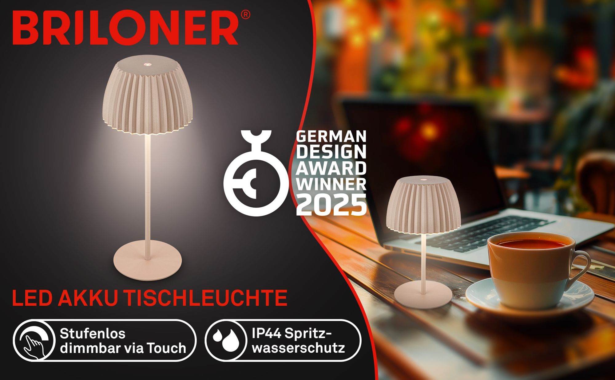 Riffle LED Tischlampe Akku Tischleuchte Höhenverstellbar Dimmbar Kabellos Beige