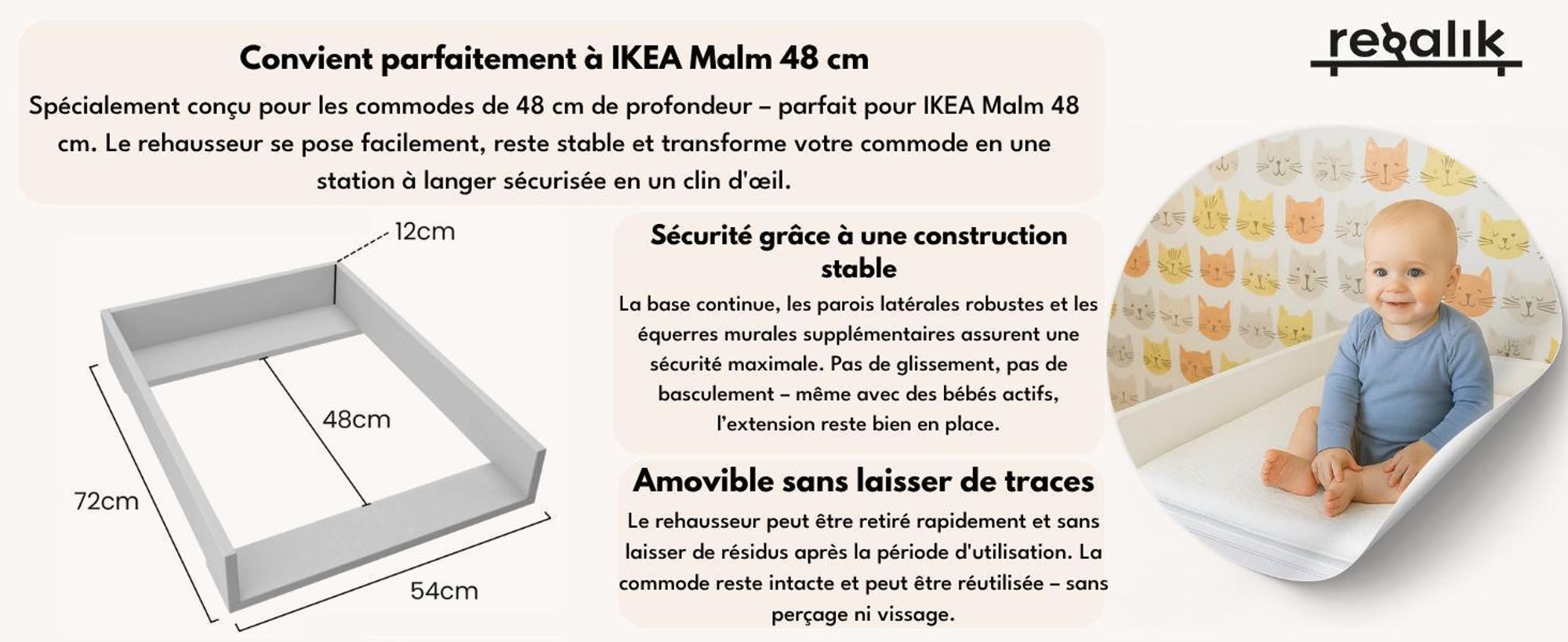 regalik Plan à Langer pour Malm de IKEA, Extension pour Commode de 48 cm, Amovible, Plan à Langer avec Façades arrondis, Rose