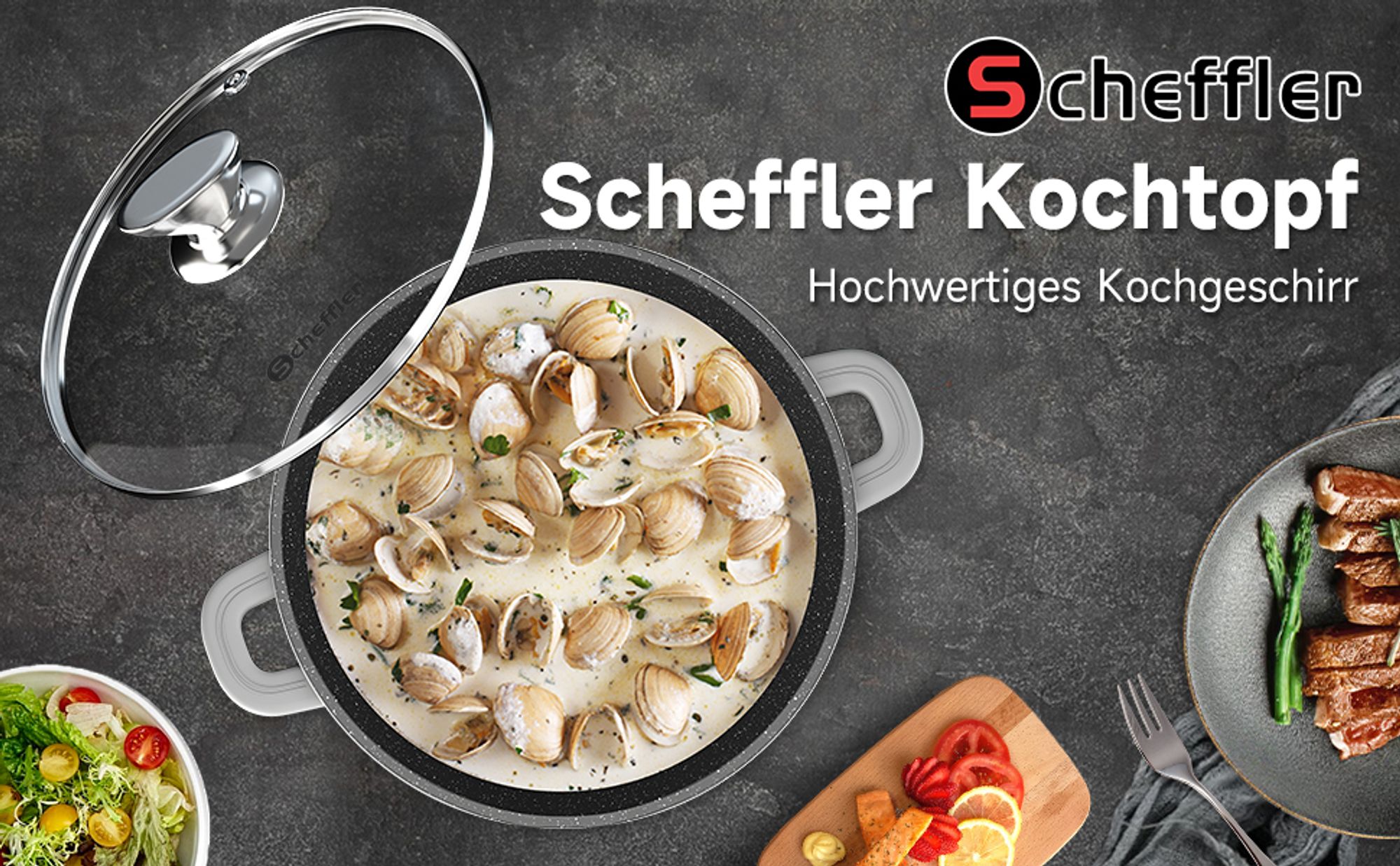 Scheffler 8-teilig Topfset Induktionstöpfe Kochtopfset Mit Glasdeckel-Antihaftbeschichtung-20/24/28/32cm Aluminium Topfset