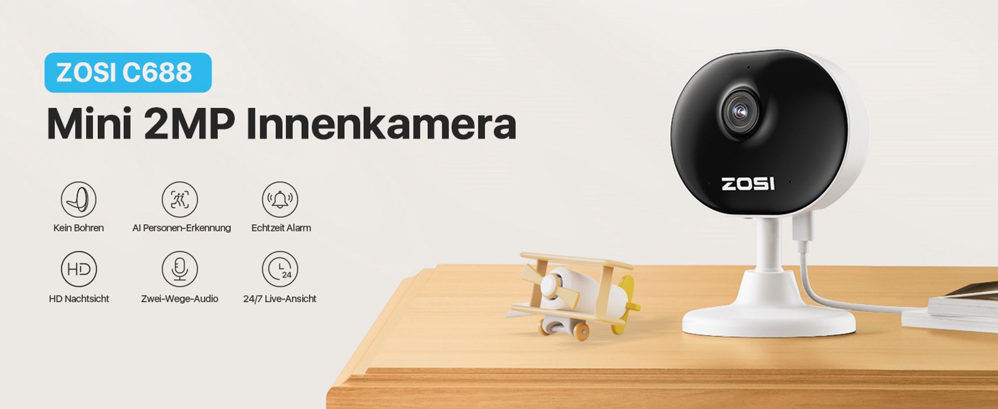 ZOSI 2 Stück 2MP Innen WLAN Überwachungskamera, Magnetfuß, 2,4GHz WiFi, Plug-in Strom