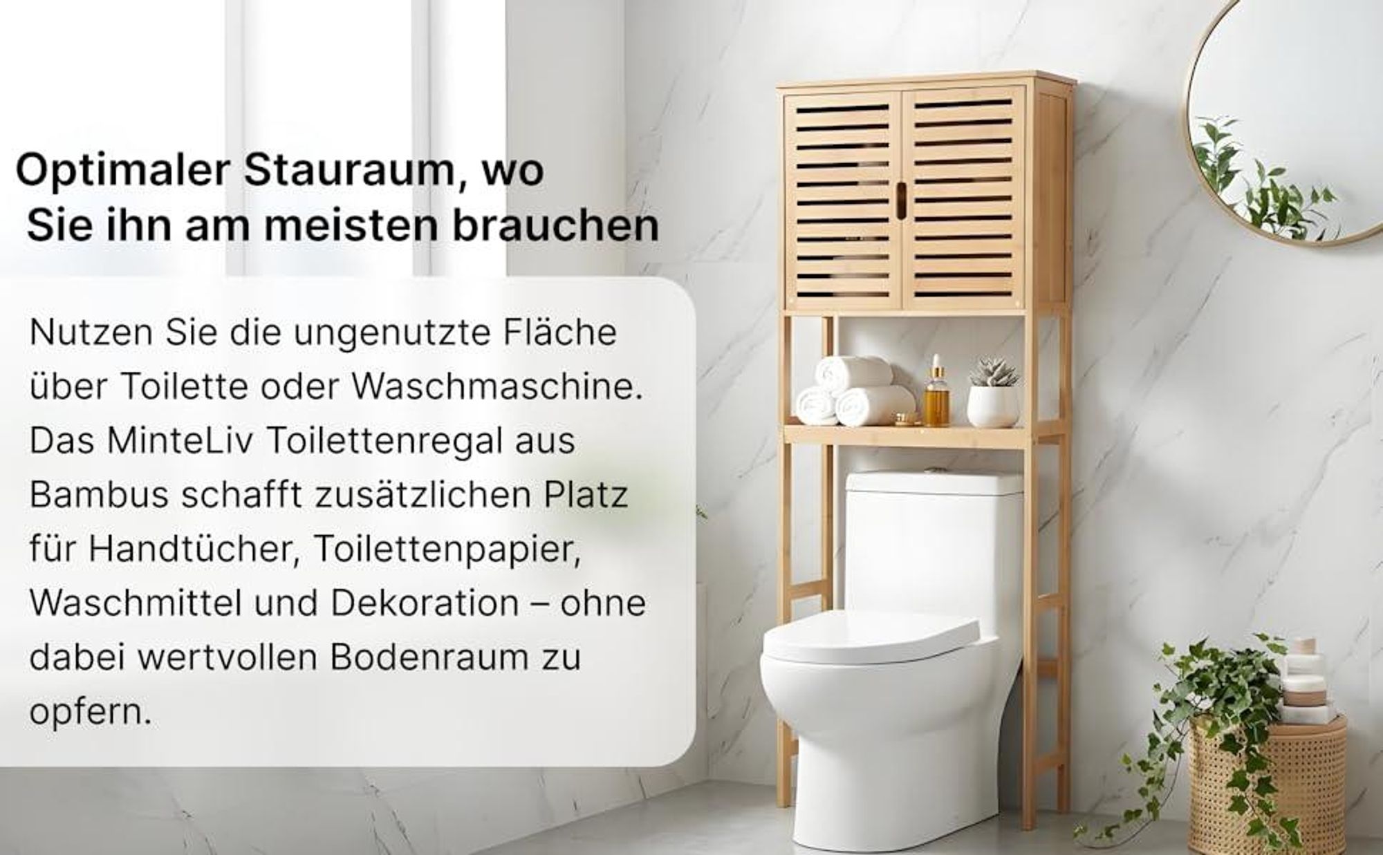 MinteLiv Waschmaschinenschrank Bambus - Platzsparendes Toilettenregal & Badregal