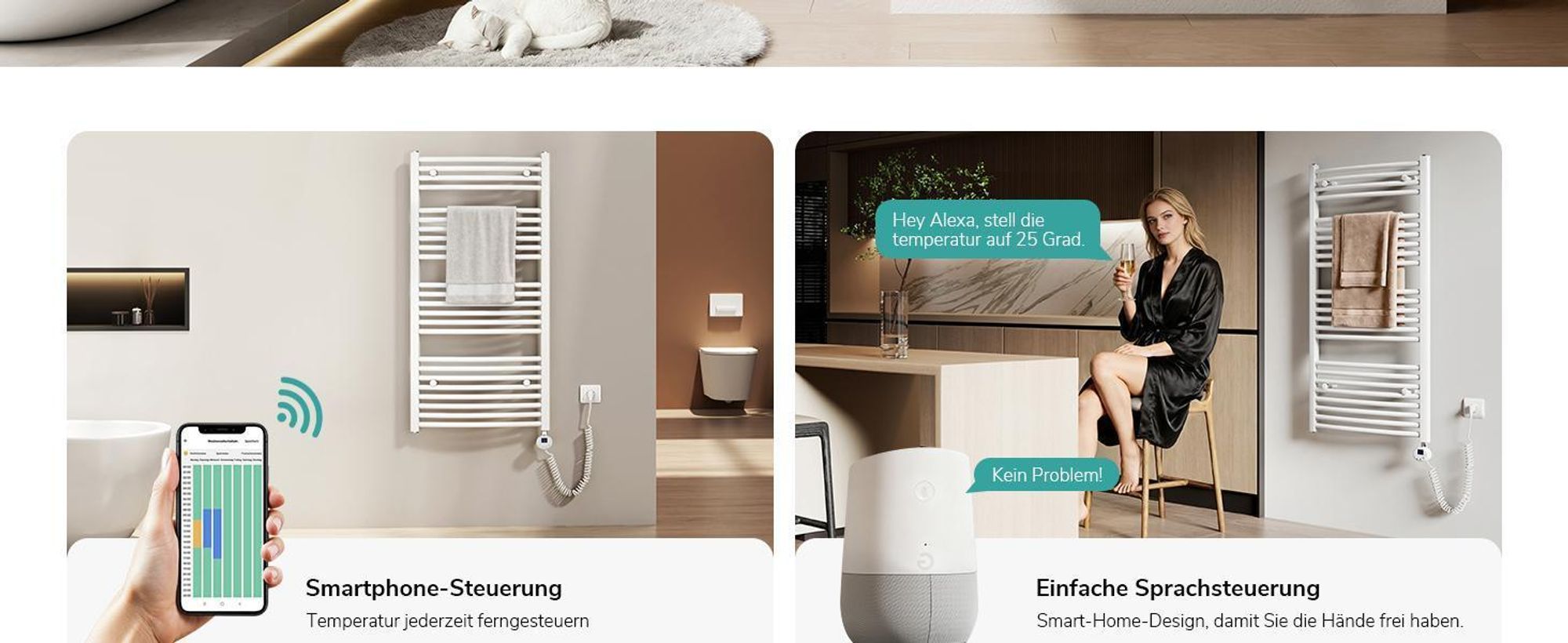 EMKE Elektrisch Badheizkörper 140X50cm 600W Weiß Handtuchheizkörper gebogen Wifi Steurung Intelligent Thermostat Handtuchwärmer