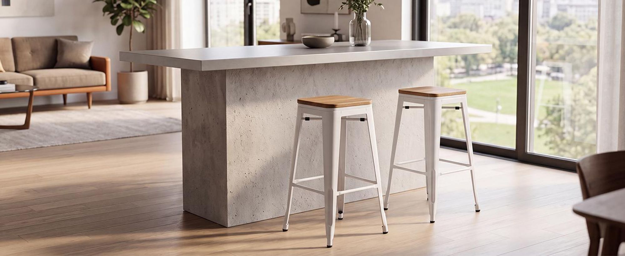 2 stuks stoel/kruk van metaal, keuze uit verschillende kleuren, met een gebruikte uitstraling. Zitting van hout. Barstoel, stapelbaar. Kleur: wit + natuurhout. Materiaal: metaal