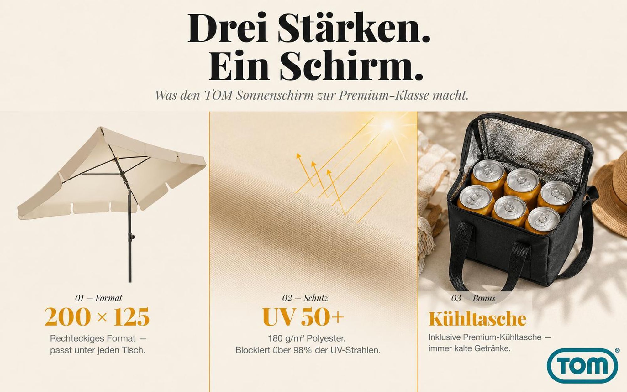 Sonnenschirm inklusive Kühltasche | Beige | Rechteckig | knickbar | 125x200cm | UV 50 +