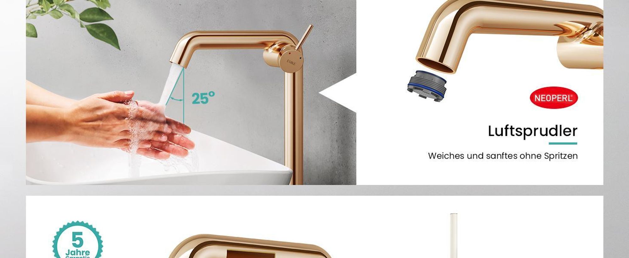 EMKE Einhebel-Waschtischarmatur, Badarmaturen 332x220x76mm, Wassersparend, Korrosionsschutz, Bleifreies Messing, Rosegold