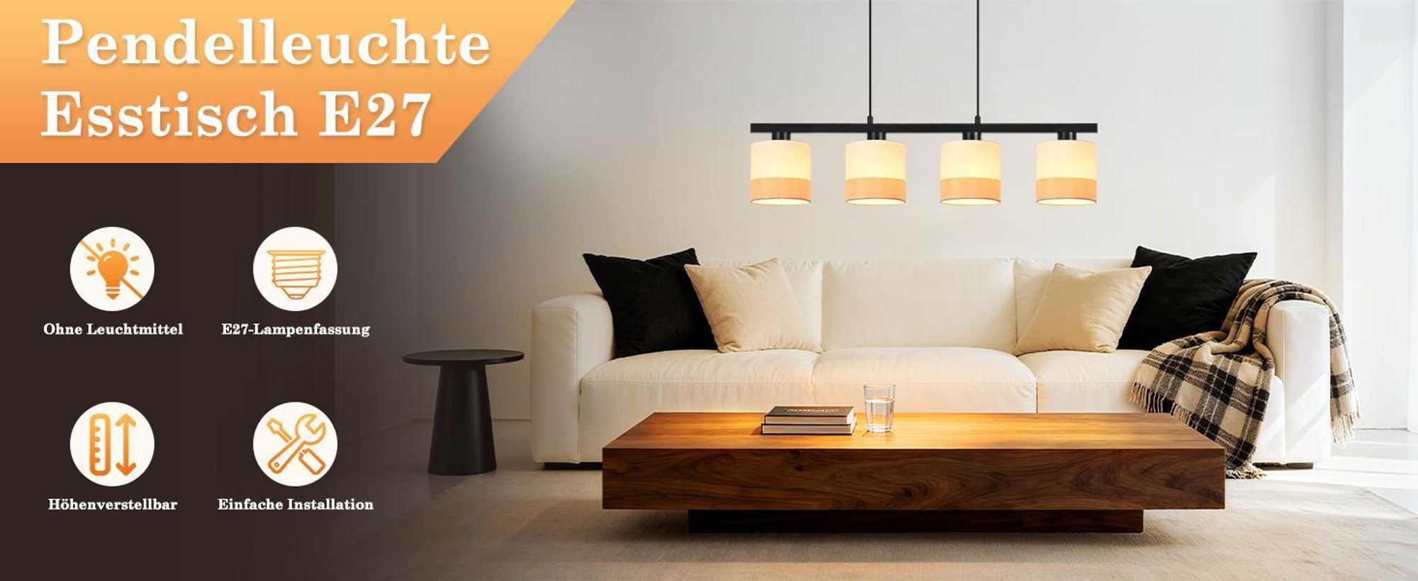 ZMH Hängelampe 4 Flammig Pendelleuchte Esstisch Hängeleuchte Stoff Esstischlampe E27 Pendellampe Höhenverstellbar Esszimmerlampe Hängende für Küche