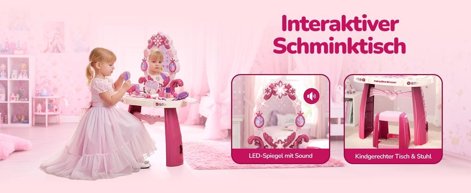 Kinderplay Schminktisch Kinder mit Licht und Sound – Frisiertisch mit Hocker, Spiegel und 32 Zubehörteilen – Kosmetiktisch Spielzeug für Mädchen ab 3