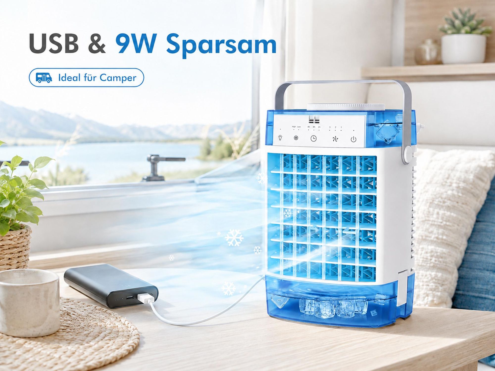 Mini Klimaanlage 4 in 1,Klimagerät Tragbar Leise,Ventilator mit Wasserkühlung 2 Modi 3 Geschwindigkeiten Timer RGB-Licht für Zimmer Camping,Blau