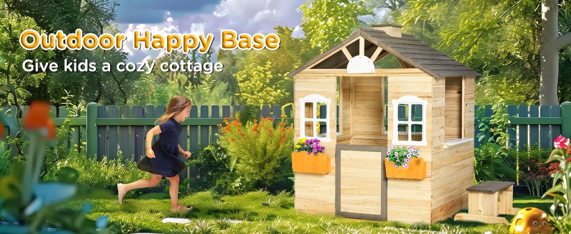 Domek zabaw Outsunny dla dzieci, drewniany domek dla dzieci z okienkiem, skrzynką na listy, ogrodowy domek do zabawy z wieszakiem na doniczki, drewniany domek do zabawy dla dzieci w wieku 3-7 lat, drewno jodłowe, naturalne, 113 x 94 x 134,5 cm