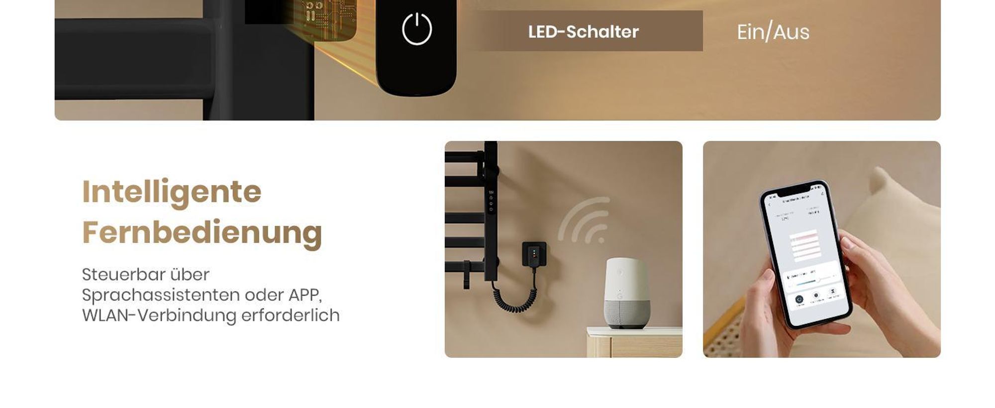 EMKE Handtuchwärmer Elektrisch WIFI Handtuchtrockner Doppelreihe Flachrohr mit Ablage & Haken 500x500mm 140W Tuya Alexa Schwarz Matt