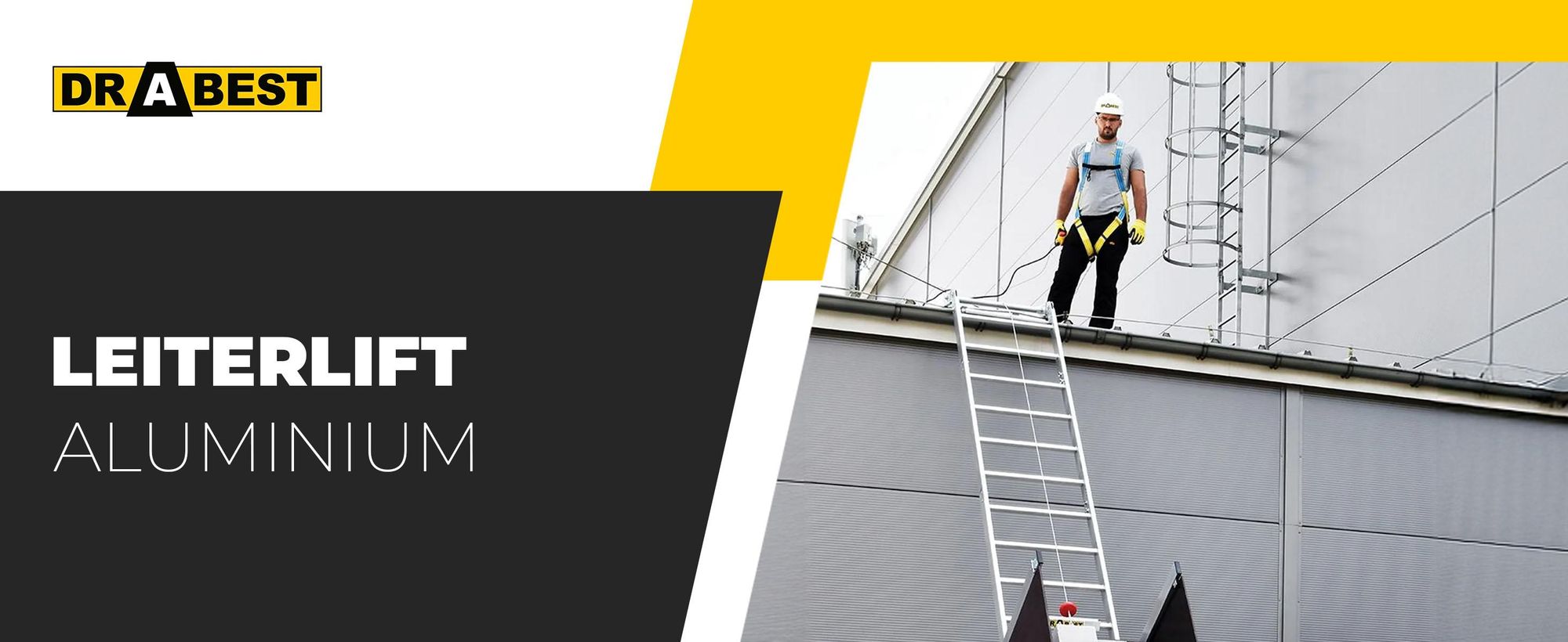 Drabest | Leiterlift Dachdecker, 125 kg Traglast, 1050W Motor, 12 m Seil, Aluminium Konstruktion, Bis 12,5 m Höhe, Transportwagen, Schnelle Montage