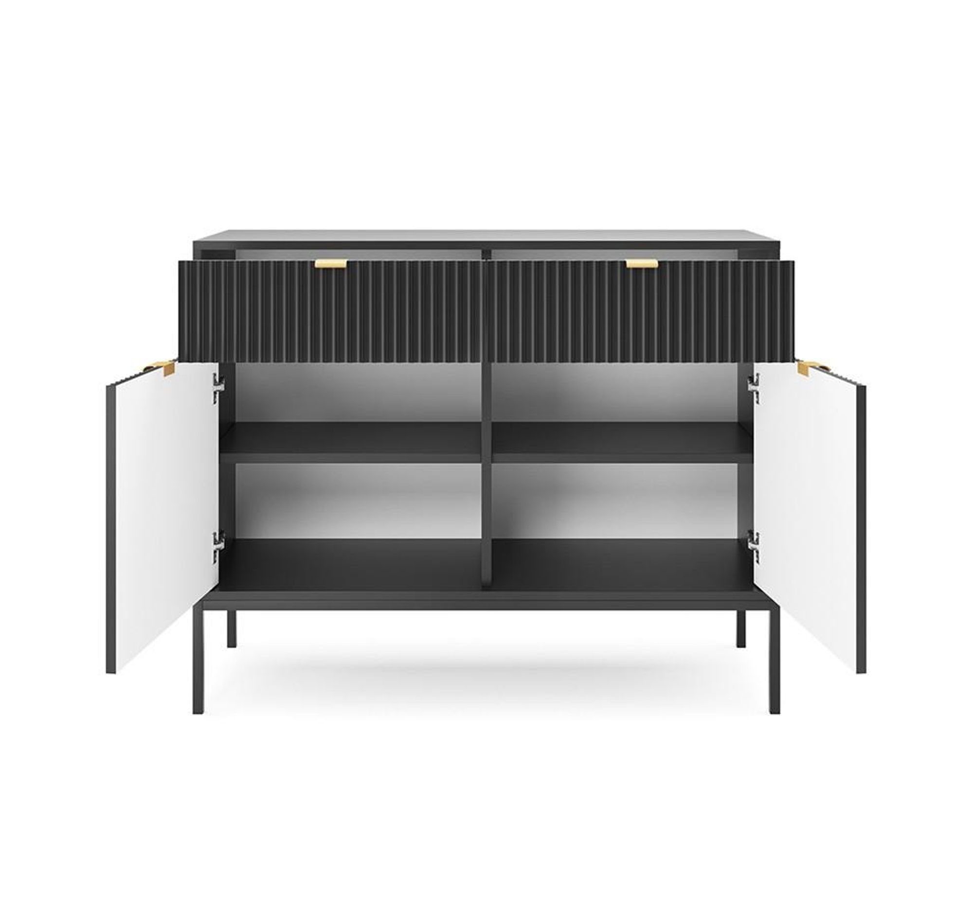 BETTSO Kommode NOVA Schwarze, gerillte Front, goldene Griffe, 2 Schubladen, 2 Einlegeböden, schwarze Metallbeine, 104x39x83 cm